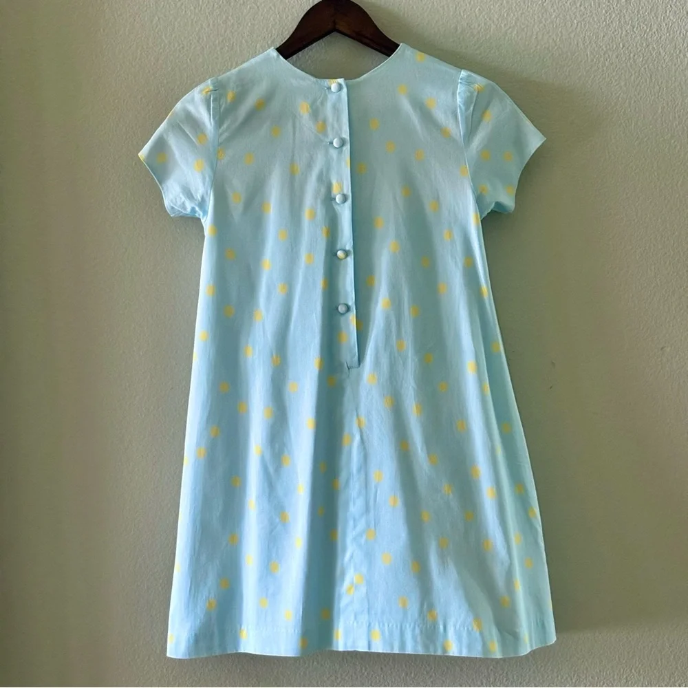 OSCAR DE LA RENTA Cotton Short Sleeve Polka Dot Dress | Blue & Yellow | 14Y
